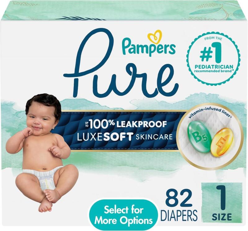 New Pampers Pure Protection Baby Diapers, Size 1 (8-14 lbs), 132 Count, Up to 100% Leakproof, Premium Plant-based Skin Protection, Hypoallergenic Soft Diapers