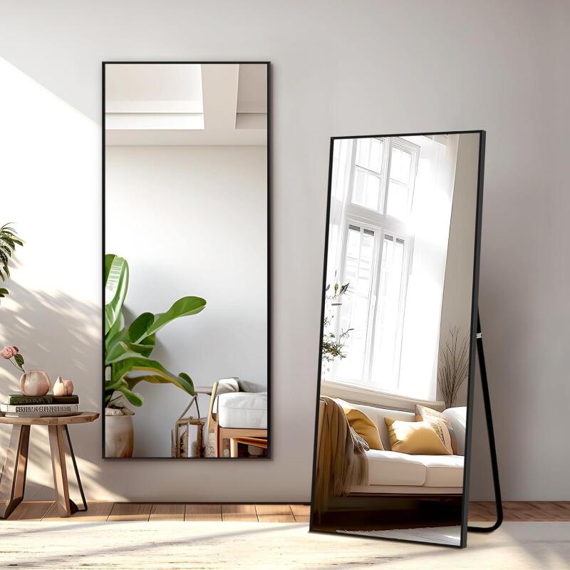 New retail $135 NicBex Full Length Mirror with Stand, 56"x19" Aluminum Alloy Frame Floor Mirror, Black, Shatter-Proof Glass - Free Standing, Leaning Against Wall or Wall-Mounted, for Bedroom Living Room Dressing Room