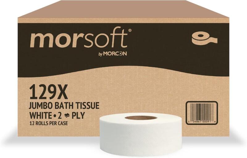 New Morsoft by Morcon Jumbo Toilet Paper Rolls, 12 Rolls/Carton, 2-Ply, 100% Recycled Fibers, Soft and Absorbent, Fits in Jumbo Tissue Dispensers, Commercial Toilet Paper
