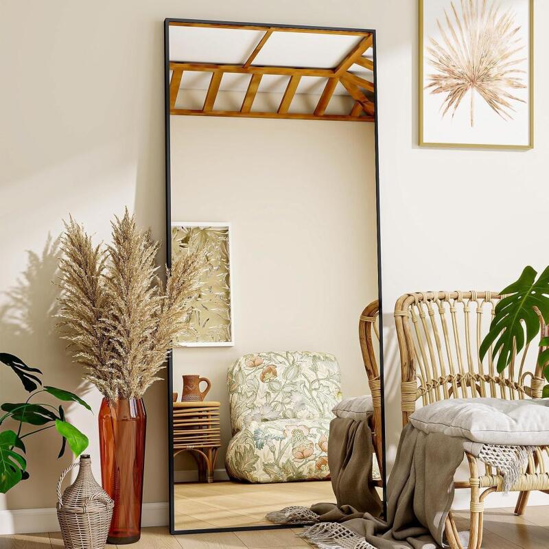 New VooBang Mirror Full Length - 21" x 57" Floor Mirror with Stand, Aluminum Alloy Frame Full Body Mirror, Standing Hanging or Leaning Against Wall for Bedroom and Living Room, Black