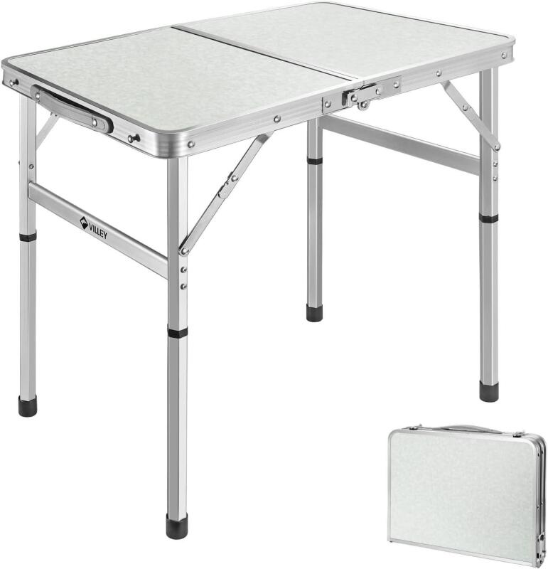 New VILLEY Folding Camping Table, 2ft Small Portable Lightweight Outdoor Table with Aluminum Adjustable Legs for Travel Picnic Cooking Beach