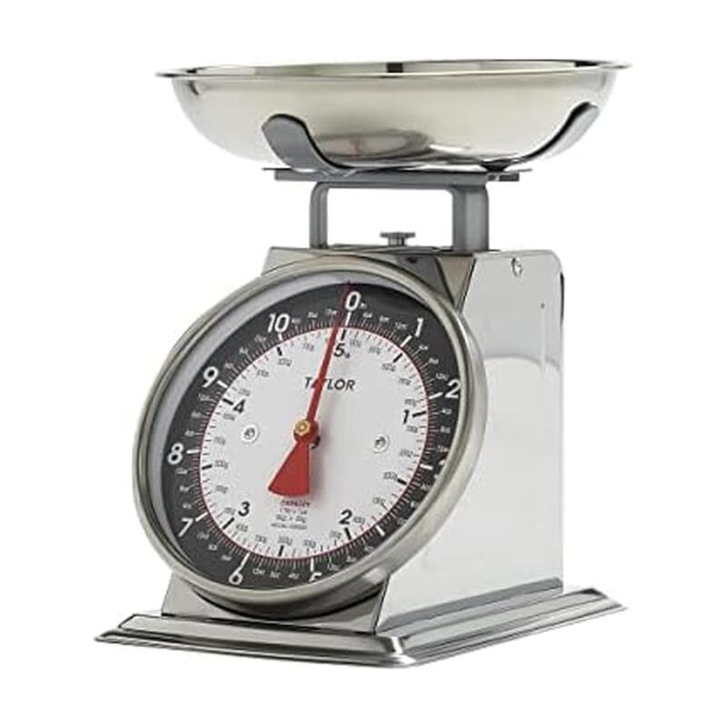New Taylor Mechanical Kitchen Food Scale with Bowl, Weighs Up to 11lbs, Measures in Grams and Ounces, Analog Cooking Scale for Baking, Black and Silver