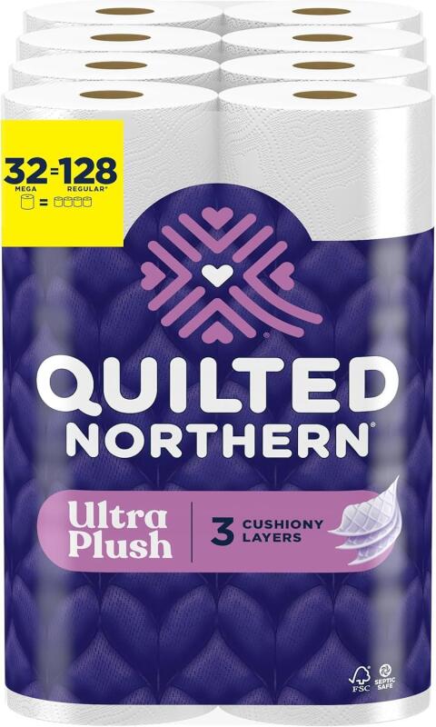 New Quilted Northern Ultra Plush Toilet Paper, 32 Mega Rolls = 128 Regular Rolls, 3X Thicker*, 3 Ply Soft Toilet Tissue