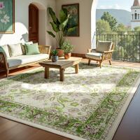 New Zentavio 8x10 Washable Area Rugs, Vintage Non-Slip Floral Living Room Rug, Indoor Foldable Floor Thin Low Pile Carpet for Farmhouse Bedroom Dining Room Green