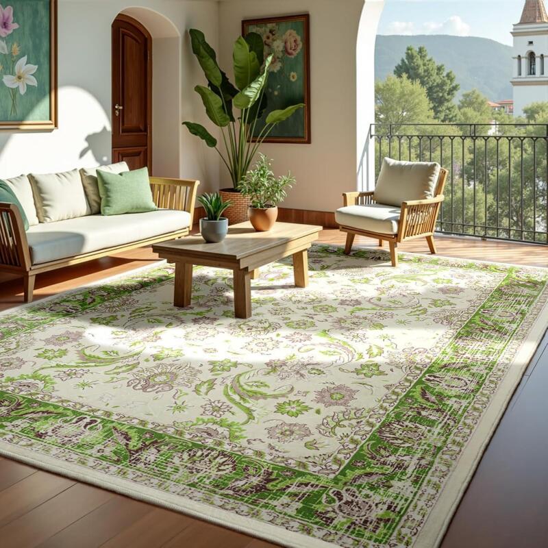 New Zentavio 8x10 Washable Area Rugs, Vintage Non-Slip Floral Living Room Rug, Indoor Foldable Floor Thin Low Pile Carpet for Farmhouse Bedroom Dining Room Green