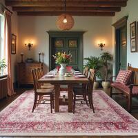 New Zentavio 8x10 Washable Area Rugs, Vintage Non-Slip Floral Living Room Rug, Indoor Foldable Floor Thin Low Pile Carpet for Farmhouse Bedroom Dining Room Pink