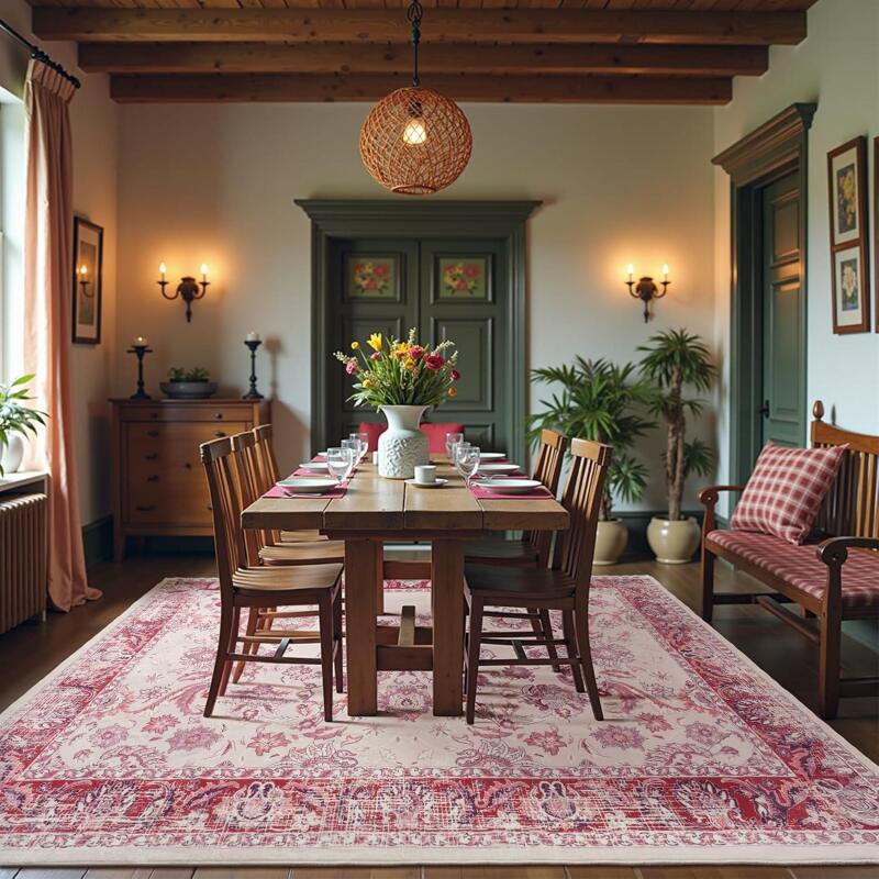 New Zentavio 8x10 Washable Area Rugs, Vintage Non-Slip Floral Living Room Rug, Indoor Foldable Floor Thin Low Pile Carpet for Farmhouse Bedroom Dining Room Pink