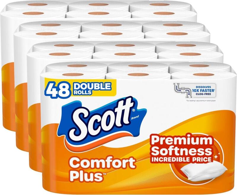 New Scott ComfortPlus Toilet Paper, 48 Double Rolls, 231 Sheets per Roll, Septic-Safe, 1-Ply Toilet Tissue