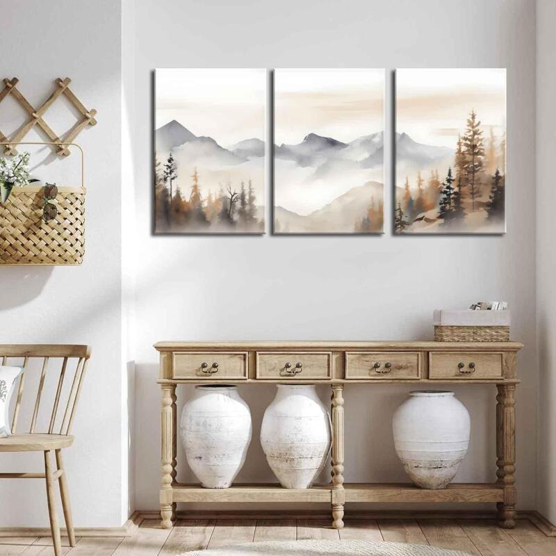 New LBARTXY 3Pcs Framed Neutral Mountain Canvas Wall Art Forest Landscape Posters Prints Modern Abstract Watercolor Paintings Wall Decor Pictures for Living Room Bedroom Decoration, 16x24in