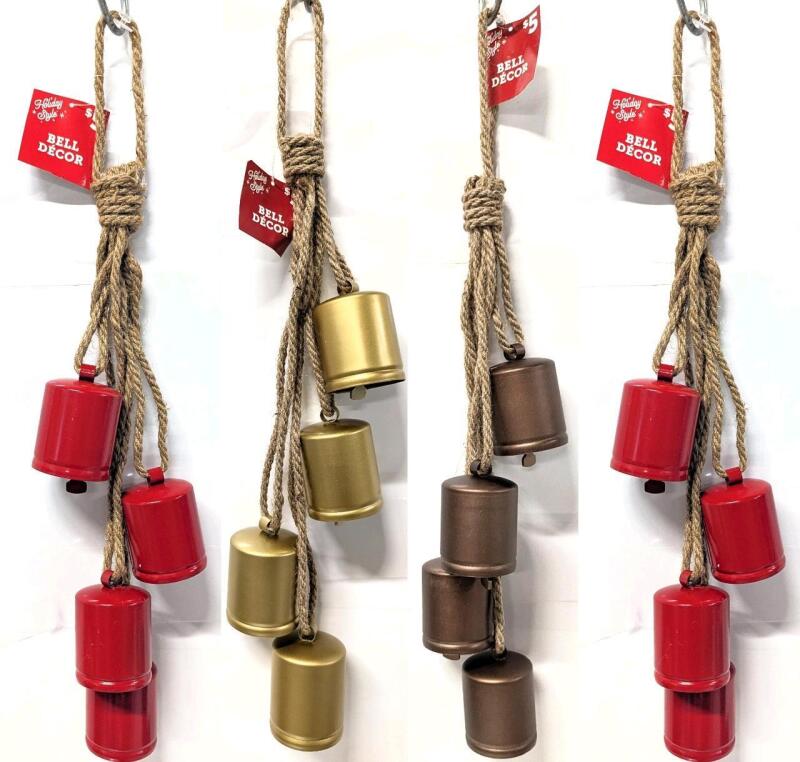 4 New Holiday Cowbell-Style Hanging Door Bells, 31" Long, SKU 3-844-9301 (They Ring Nicely!)