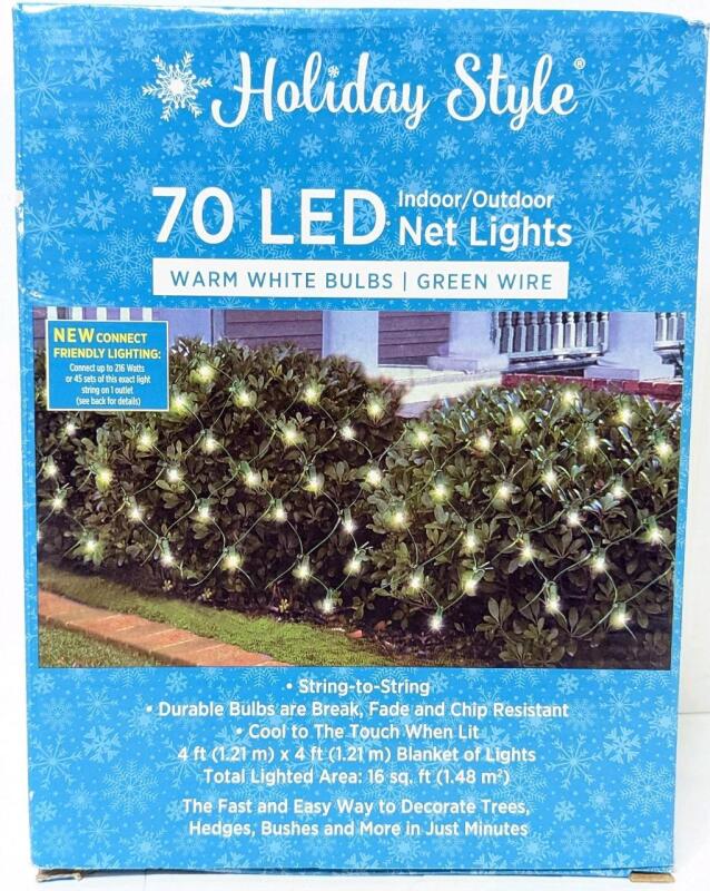 New 70 LED Indoor/Outdoor Warm White Bulbs/Green Wire Net Lights, 4ft &times; 4ft, String To String Connector For Daisy Chaining, Break, Fade, and Chip Resistant Bulbs, Cool to the Touch
