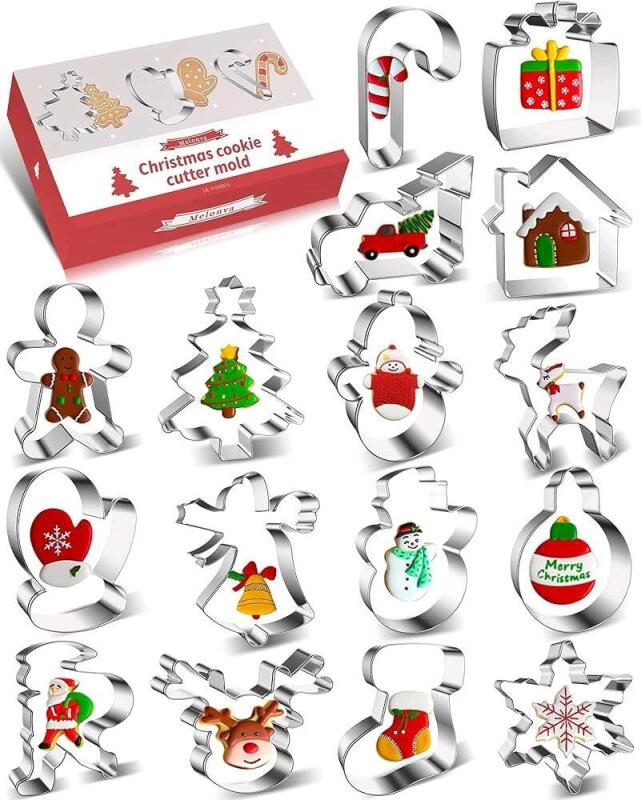 New 16pc Melonva Metal CHRISTMAS COOKIE CUTTERS, Most Around 3" Long