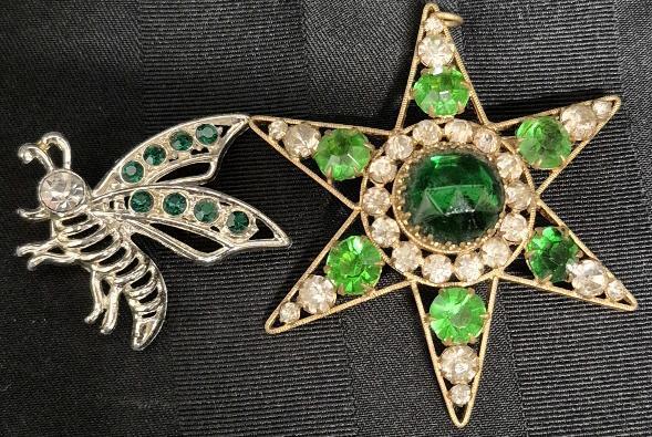 2 Beautiful Green & Clear Stone Brooches 1.75" to 2.75" Long