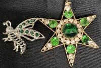 2 Beautiful Green & Clear Stone Brooches 1.75" to 2.75" Long