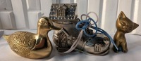 Silver Plated Boot Bank and Brass Duck and Brass Cat.