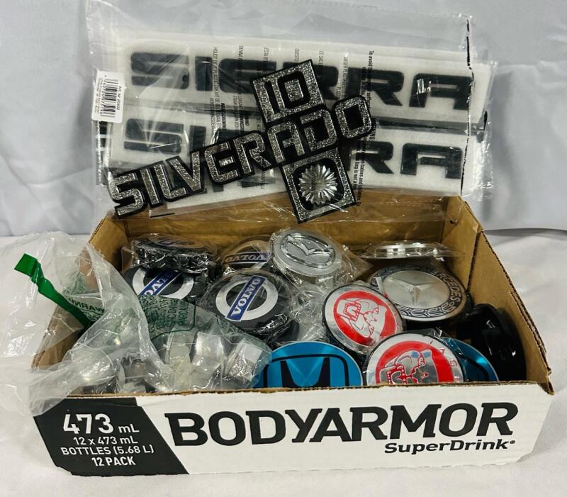 Lot of Assorted New Car Decals/Accessories, Including many Wheel Caps - See Photos