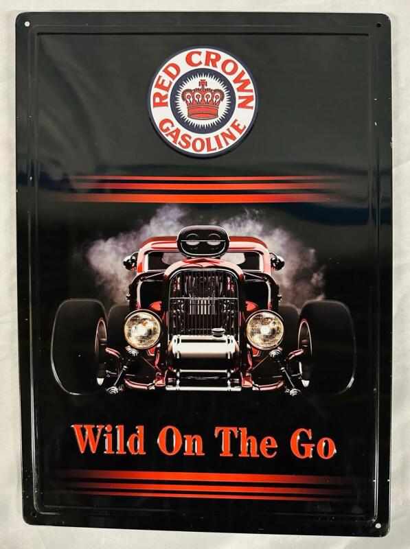 Red Crowl Gasoline Metal Sign with Hot Rod - 12&rdquo; x 17&rdquo;