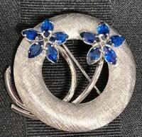 Vintage Brooch Stamped ART Sterling Blue Stones 1.4" Diameter