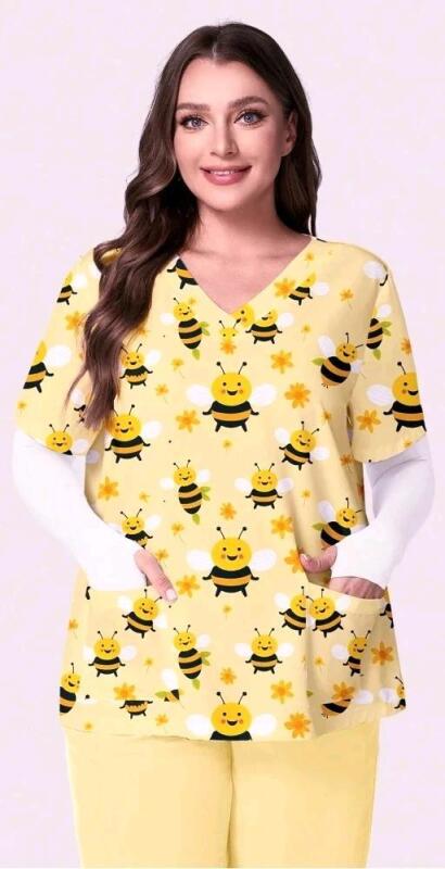 New Size XL Women's 2-Piece Adorable Cartoon Bee Scrub Set (Soft Enough to be Pajamas!)