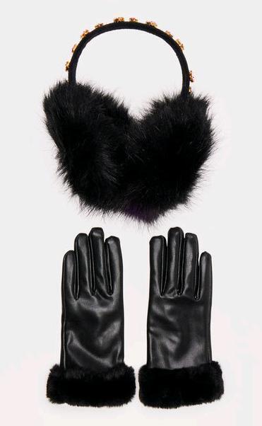 New - Women's OS Fashion Nova Jeweled Earmuff and Glove Gift Set - Black