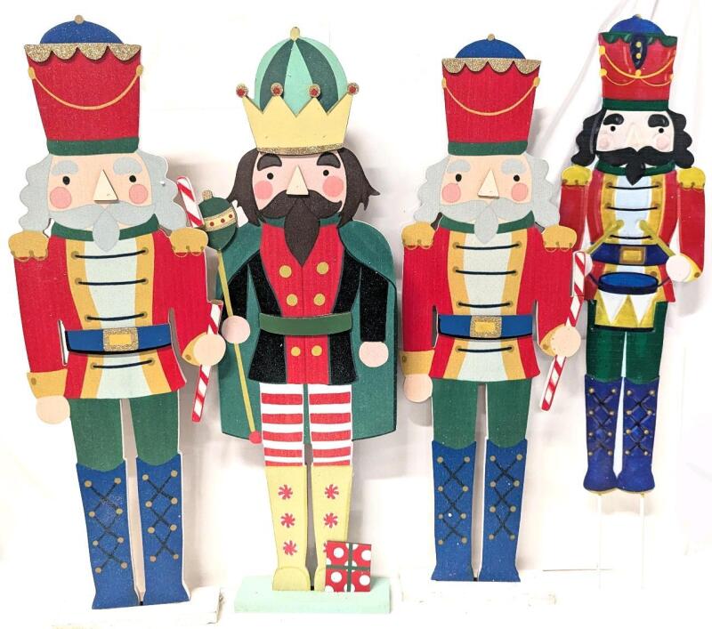 4 New Nutcracker Decor : 3&times; Freestanding Pressed Wood Figures (2 Damaged Candy Canes) 2ft Tall & 25.75" Tin Garden Standee