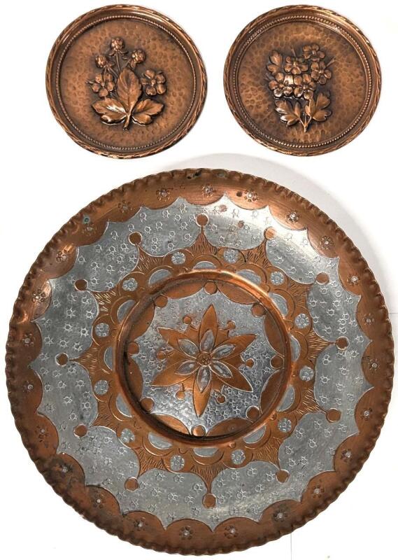 3 Vintage Decorative Copper /Tin Plates, 4.35" - 9.5" Diameter