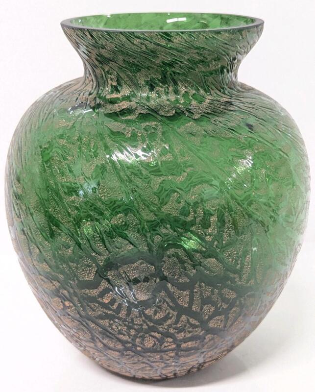 Neat Vintage Loetz-Style Crackled Emerald Green Glass Vase, 6.8" Tall, No Cracks, Chip in Top Rim