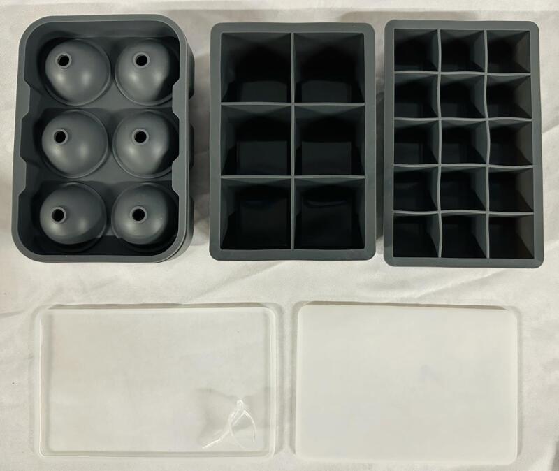 3 New Quikono Ice Cube Trays with Lids, Includes Sphere, Large Cube, and Small Cube