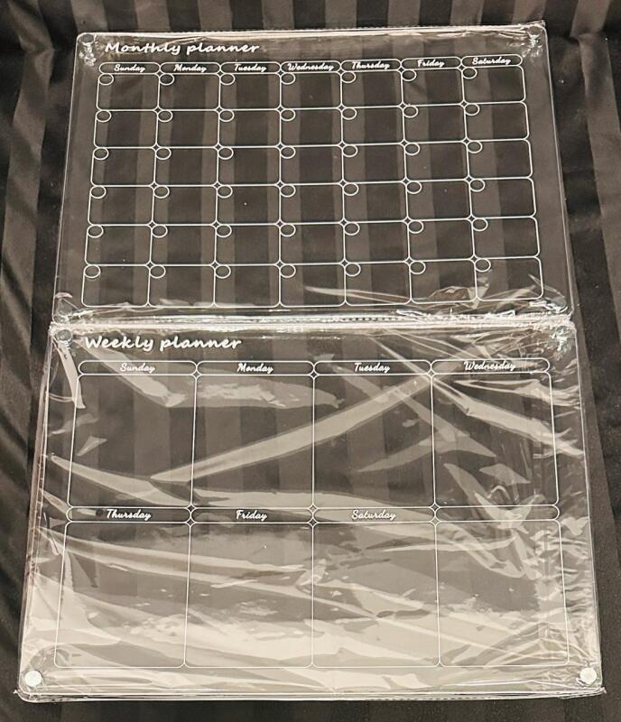 2 New Clear Plastic Magnetic Calendar Boards, Includes Weekly and Monthly Planners, 16&rdquo; x 12&rdquo;