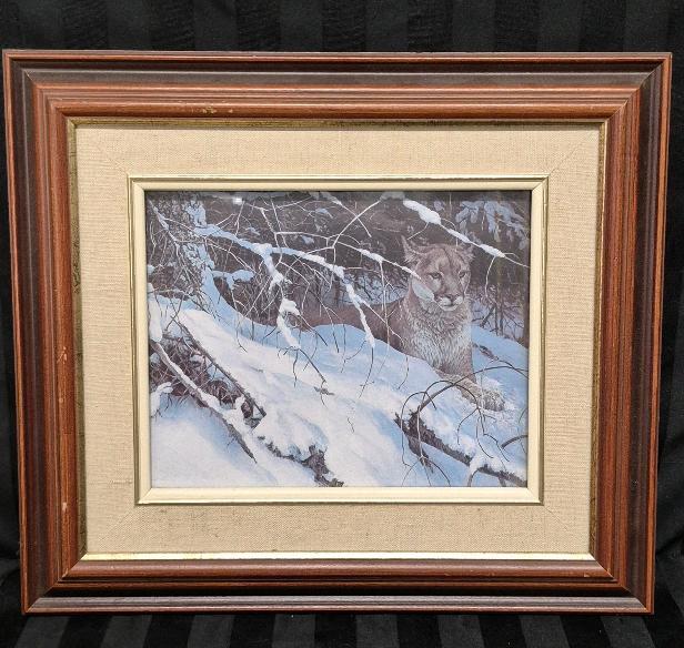 Vintage Framed Cougar in The Snow Print by Robert Bateman 14" by 16"