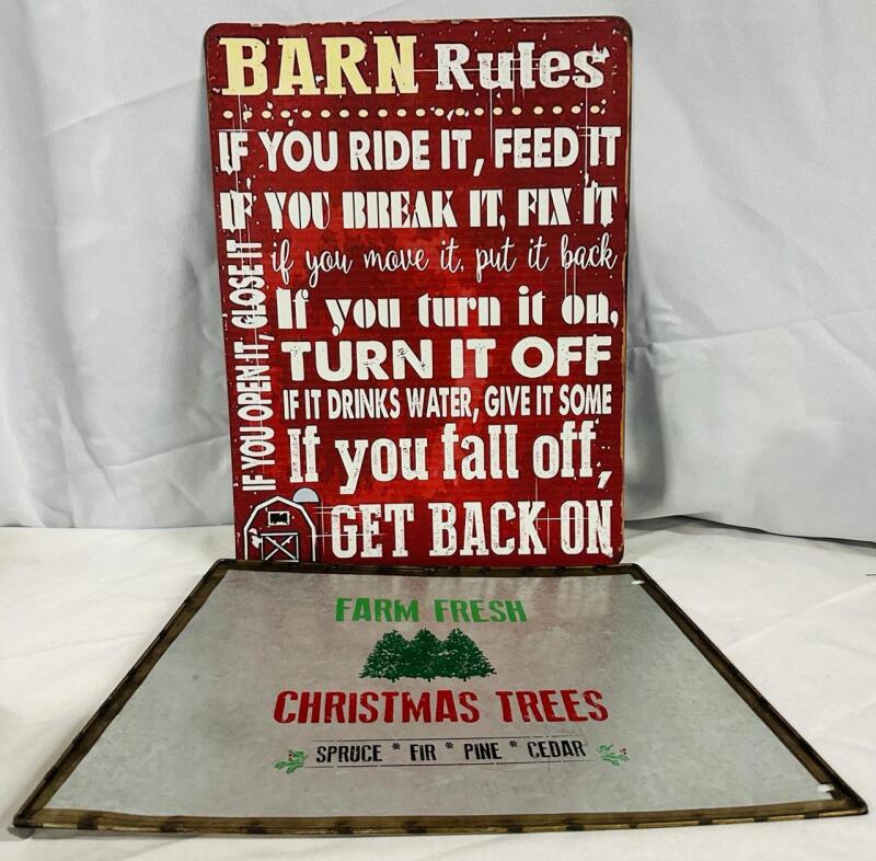 2 Metal Barn/Farm Signs, Includes &ldquo;Barn Rules&rdquo; (12&rdquo; x 16&rdquo;) and &ldquo;Christmas Trees&rdquo; Wall Sign (16&rdquo; x 10&rdquo;) - See Photos
