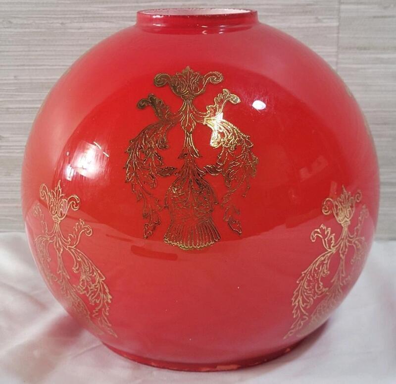 Asian-style Floral Pattern Red Glass Lamp Globe Shade . Measures approximately 8.5" diameter , bottom measures 5 ⅜" & Top measures 2 &frac12;"