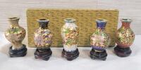 Five (5) Vintage Mini Asian Theme Enamel Vases on Stands . Measures 2 &frac12;" tall w/stand