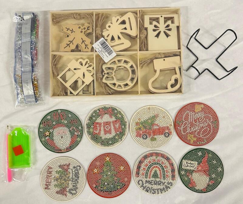 2 New Christmas Craft Decorations, Includes 8-Piece Rhinestone Paint-By-Numbers Coaster Kit and 30-Piece Paintable Wooden Ornaments