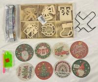 2 New Christmas Craft Decorations, Includes 8-Piece Rhinestone Paint-By-Numbers Coaster Kit and 30-Piece Paintable Wooden Ornaments