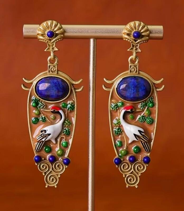 Retro Pierced Earrings Relief Crane and Auspicious Clouds Elegant Colorful Enamel Glaze Accent High-End Natural Lapis Lazuli Niche Copper, Handcrafted Earrings approximately 2.8&rsquo;&rsquo; drops posts stamped 925 stock photos added