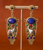 Retro Pierced Earrings Relief Crane and Auspicious Clouds Elegant Colorful Enamel Glaze Accent High-End Natural Lapis Lazuli Niche Copper, Handcrafted Earrings approximately 2.8&rsquo;&rsquo; drops posts stamped 925 stock photos added