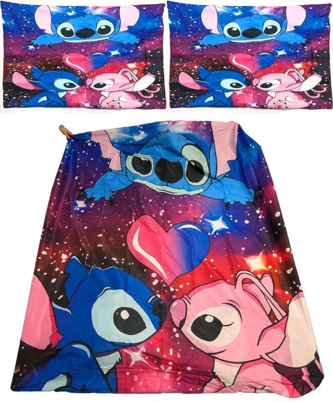 New DOUBLE Size Stitch & Angel (From Disney's Lilo and Stitch) Fitted Sheet & 2 Standard Size Pillowcases