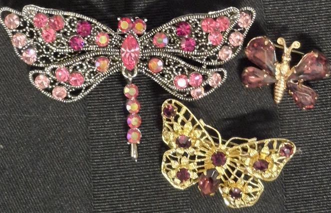 3 Stunning Dragon Fly & Butterfly Brooches 1" to 2.75" Long