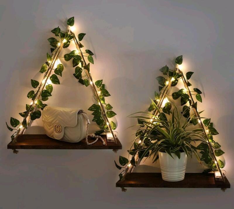 New Set of 2 Hanging Shelves With Artificial Ivy & Fairy Lights (Powered by Button Batteries, Not Included), Each Shelf 3.75" &times; 14.75" &times; 16.5" Tall (When Hanging)
