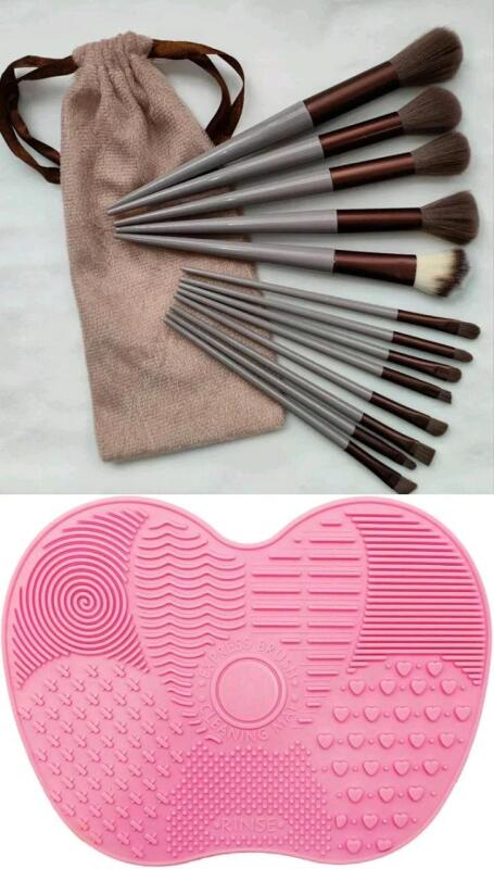 New 13pc Makeup Brush Set With Bag & Silicone Brush Cleaning Mat With Suction Cup Bottom (4.5" &times; 6")