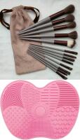 New 13pc Makeup Brush Set With Bag & Silicone Brush Cleaning Mat With Suction Cup Bottom (4.5" &times; 6")