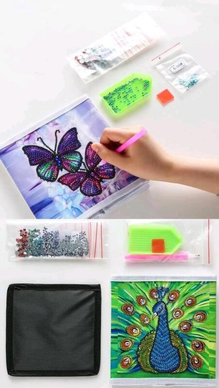 2 New Diamond Art Collapsible Tote Kits: Peacock & Butterflies, 6.7" &times; 6.7" &times; 7.27"