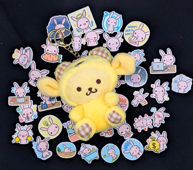 New 4.5" Plush Pup in Onesie Keychain & 39 New Cartoon Bunny Stickers, 1" - 1.5" Long