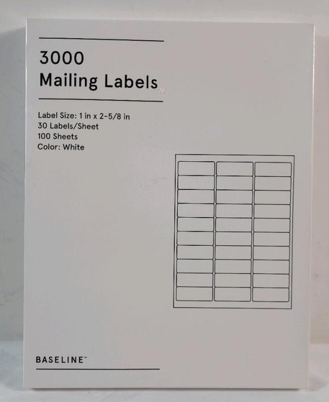 New - Baseline 3000 Mailing Labels , White . Label Size : 1"&times;2 ⅝" each . 30 Labels per sheet , 100 Sheets