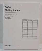 New - Baseline 3000 Mailing Labels , White . Label Size : 1"&times;2 ⅝" each . 30 Labels per sheet , 100 Sheets
