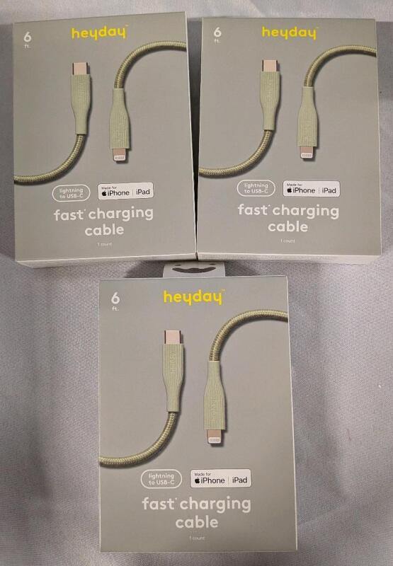 Three (3) New HeyDay iPhone & iPad Lightning to USB-C 6ft. Fast Charging Cables .