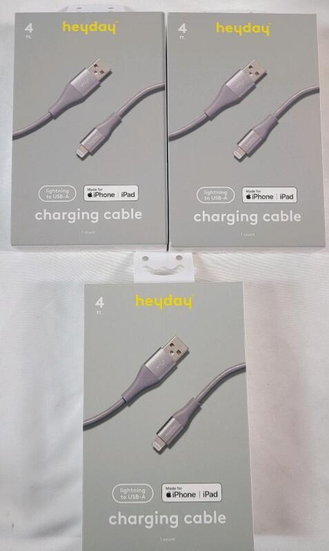 Three (3) New HeyDay iPhone & iPad Lightning to USB-C 4ft. Fast Charging Cables .