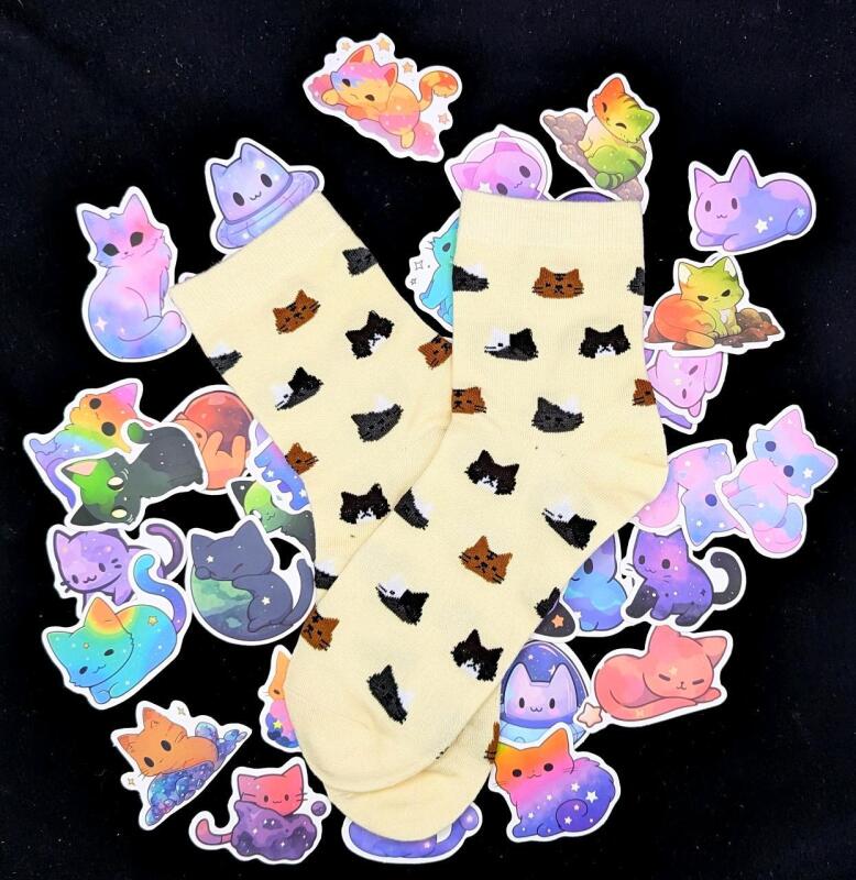 New O/S Kitty Face Socks & 50 Cute Cartoon Celestial Kitty Sticker Decals (Most Around 1.5" - 2" Long)