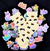 New O/S Kitty Face Socks & 50 Cute Cartoon Celestial Kitty Sticker Decals (Most Around 1.5" - 2" Long)